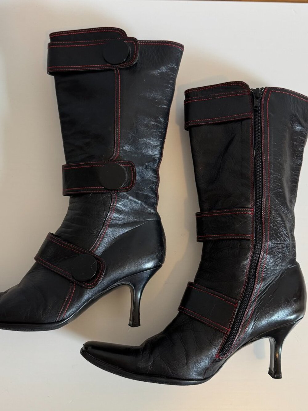Vintage Black Leather Kitten Heel Boots Whimsygoth Y2K Size 8.5 - Picture 3 of 5